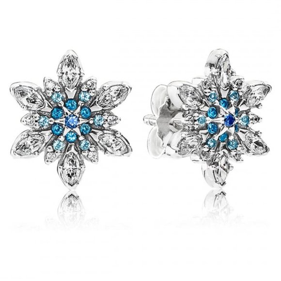 925 Silver Snowflake Blue and Clear CZ Stud Earrings - Picture 1 of 12